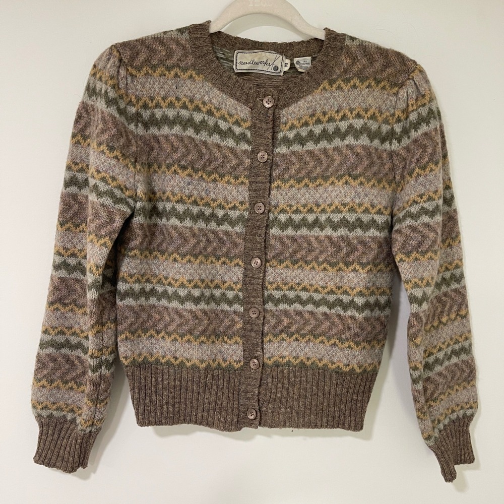 Needleworks Shetland Wool Cardigan Sweater Womens Medium Brown Fair Isle Chevron